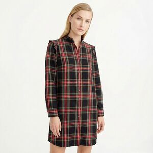 ✨ J. Crew Tartan Plaid Ruffle Shirt Dress Small 6 Red Black Preppy Dark Academia